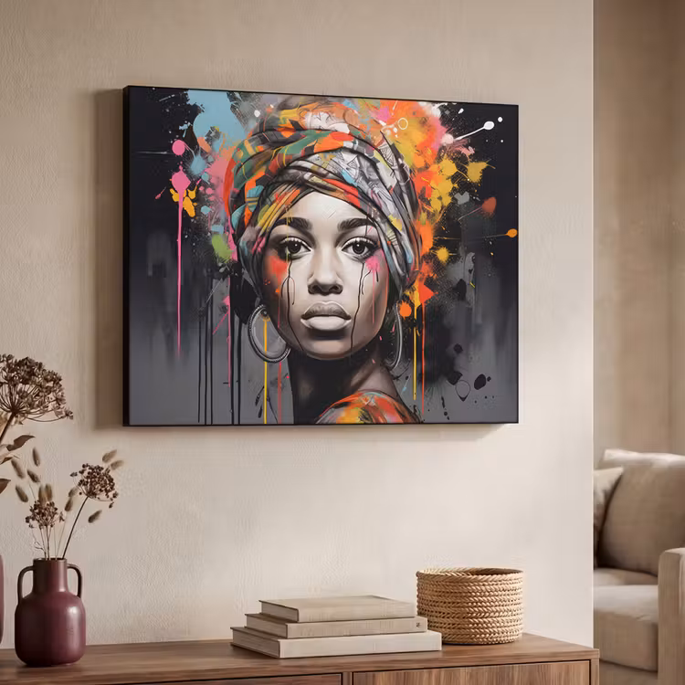 Vrouw - Hoofddoek - Graffiti - Zwart Textielframe zwart klein -sfeer3