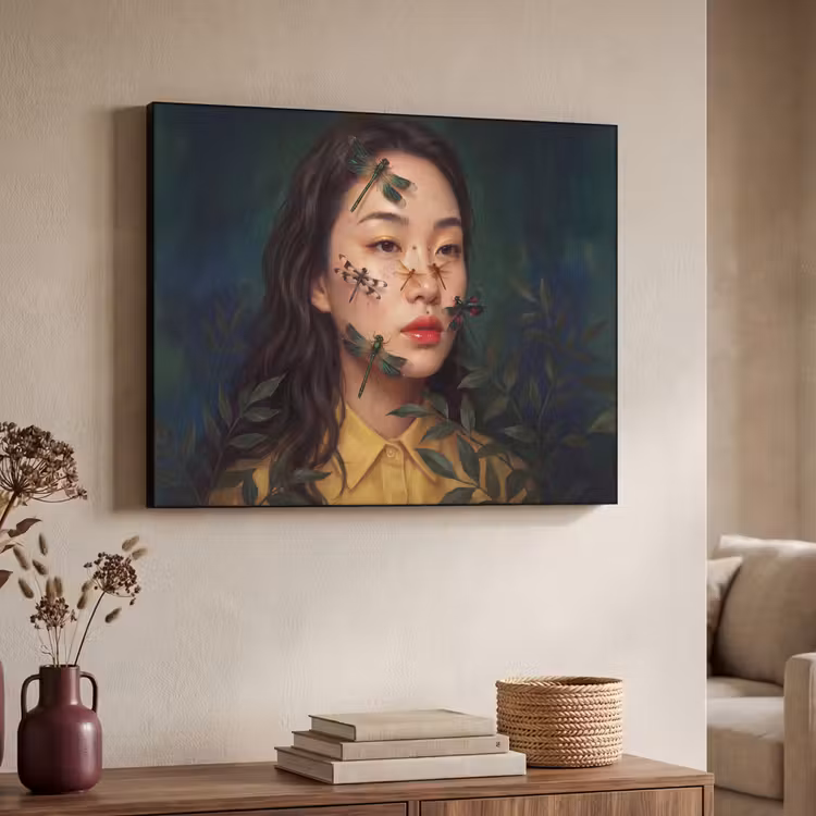 Vrouw - Insecten - Natuur - Portret - Groen Textielframe zwart klein -sfeer3