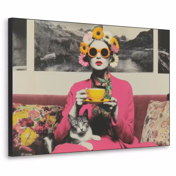 Vrouw - Kat - Bloemen - Kopje - Retro Textielframe - compleet frame klein -3d