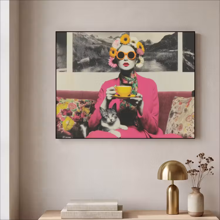 Vrouw - Kat - Bloemen - Kopje - Retro Textielframe zwart klein -sfeer2
