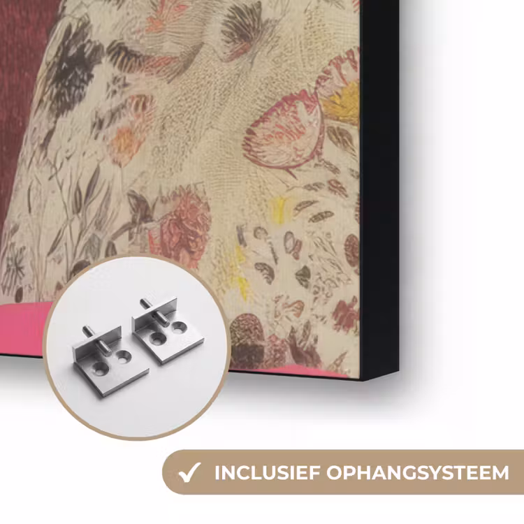 Vrouw - Kat - Bloemen - Kopje - Retro Textielframe zwart klein -USP_ophangsysteemNL