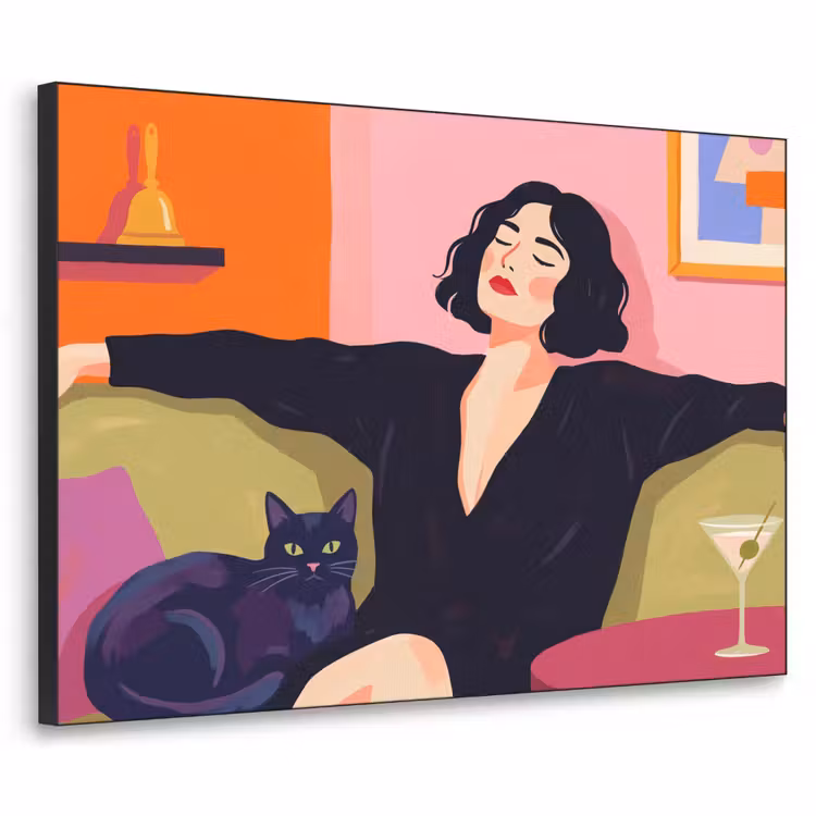 Vrouw - Kat - Interieur - Modern - Kleurrijk Textielframe zwart klein -3d