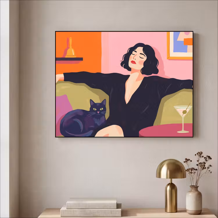 Vrouw - Kat - Interieur - Modern - Kleurrijk Textielframe zwart klein -sfeer2