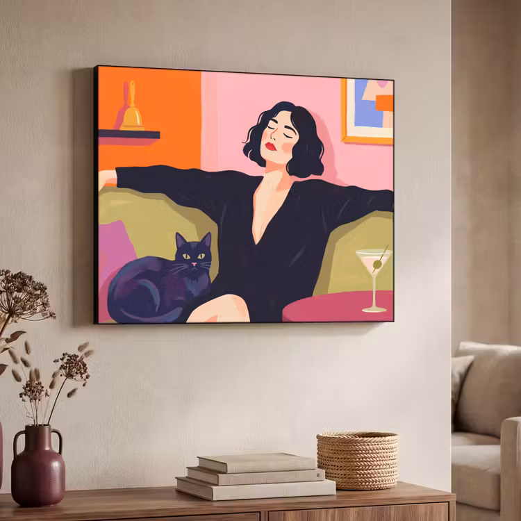 Vrouw - Kat - Interieur - Modern - Kleurrijk Textielframe zwart klein -sfeer3