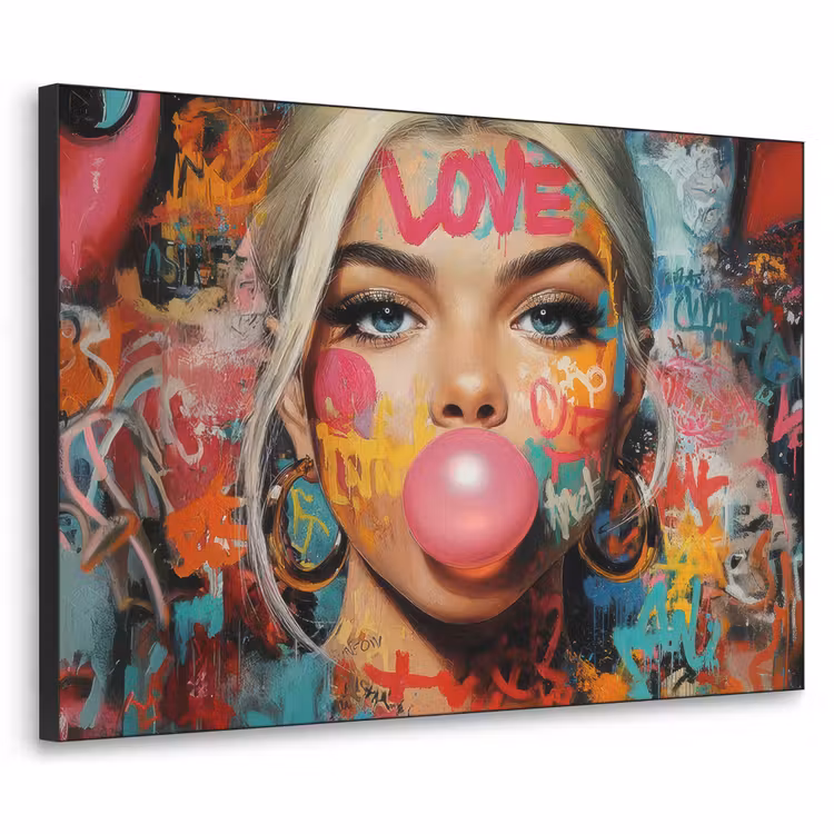 Vrouw - Kauwgom - Graffiti - Love Textielframe - compleet frame klein -3d