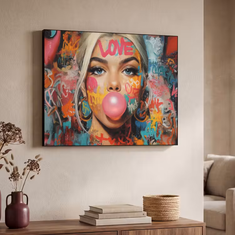 Vrouw - Kauwgom - Graffiti - Love Textielframe zwart klein -sfeer3