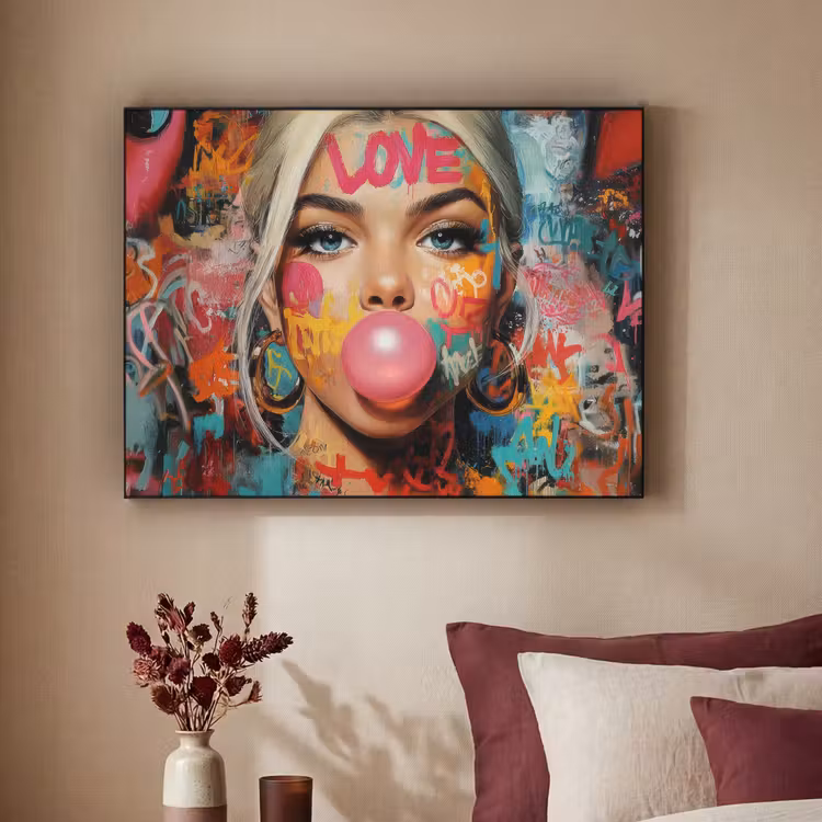 Vrouw - Kauwgom - Graffiti - Love Textielframe zwart klein -sfeer1