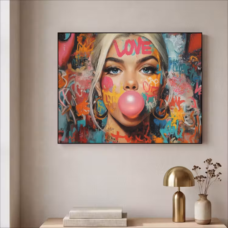 Vrouw - Kauwgom - Graffiti - Love Textielframe zwart klein -sfeer2