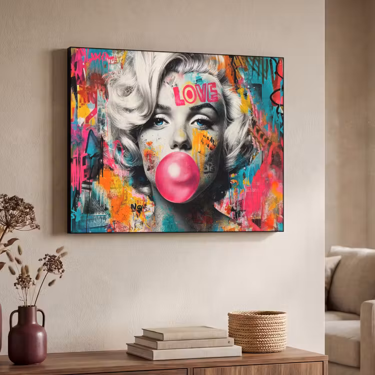 Vrouw - Kauwgom - Graffiti - Neonkleuren Textielframe zwart klein -sfeer3