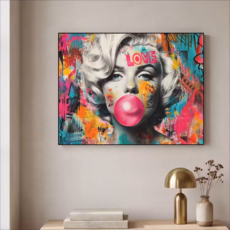 Vrouw - Kauwgom - Graffiti - Neonkleuren Textielframe - compleet frame klein -sfeer2