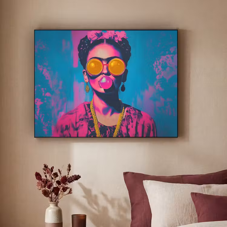 Vrouw - Kauwgom - Zonnebril - Oranje Textielframe zwart klein -sfeer1