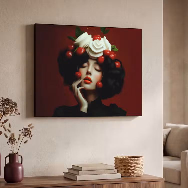 Vrouw - Kersen - Slagroom Textielframe zwart klein -sfeer3