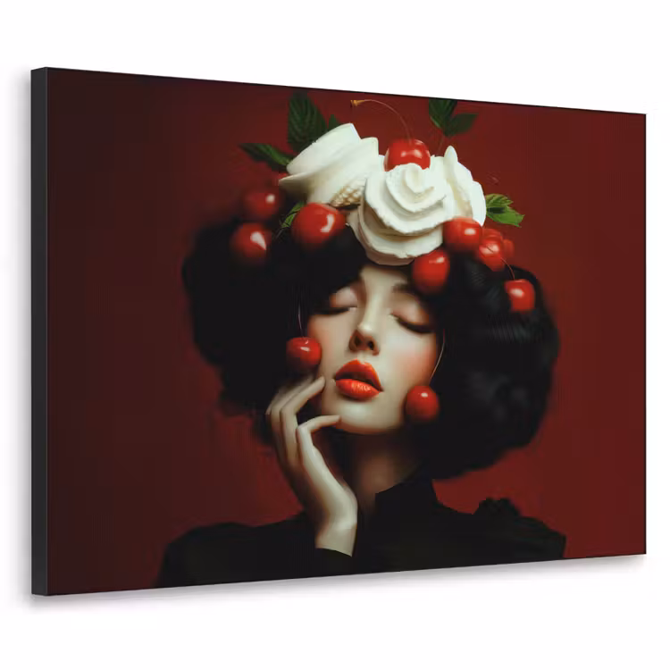 Vrouw - Kersen - Slagroom Textielframe zwart klein -3d