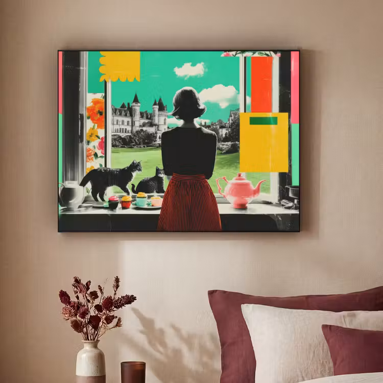 Vrouw - Keuken - Katten - Doorkijk Textielframe zwart klein -sfeer1