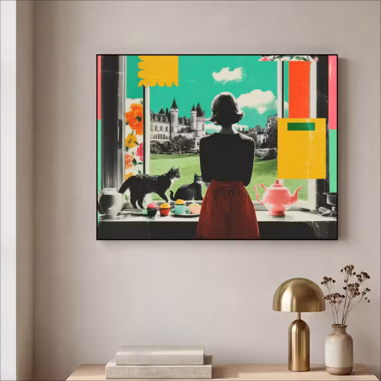 Vrouw - Keuken - Katten - Doorkijk Textielframe zwart klein -sfeer2