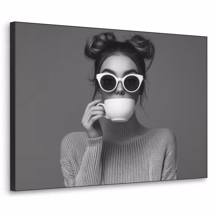 Vrouw - Koffie - Zwart - Wit Textielframe - compleet frame klein -3d