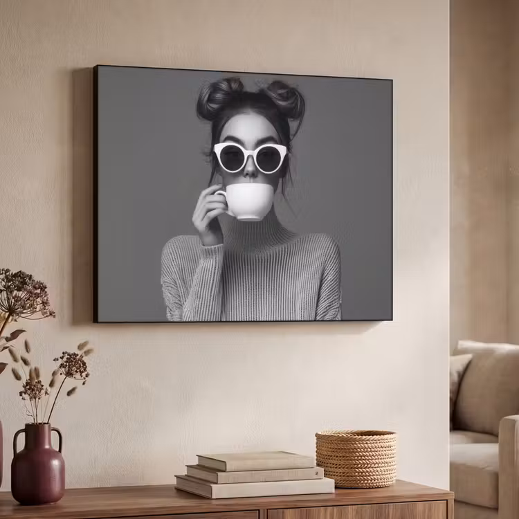 Vrouw - Koffie - Zwart - Wit Textielframe zwart klein -sfeer3