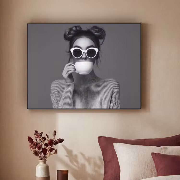Vrouw - Koffie - Zwart - Wit Textielframe zwart klein -sfeer1