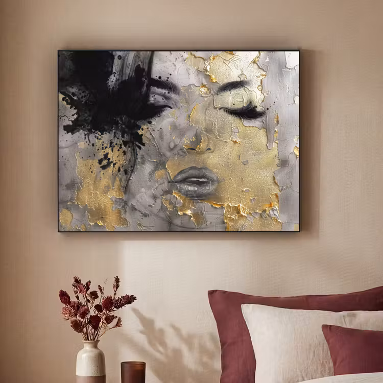 Vrouw - Kunst - Goud - Zwart Textielframe zwart klein -sfeer1