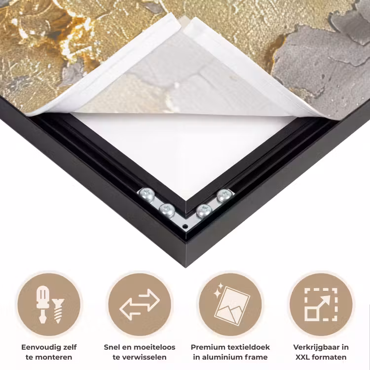 Vrouw - Kunst - Goud - Zwart Textielframe zwart klein -USP_closeupNL