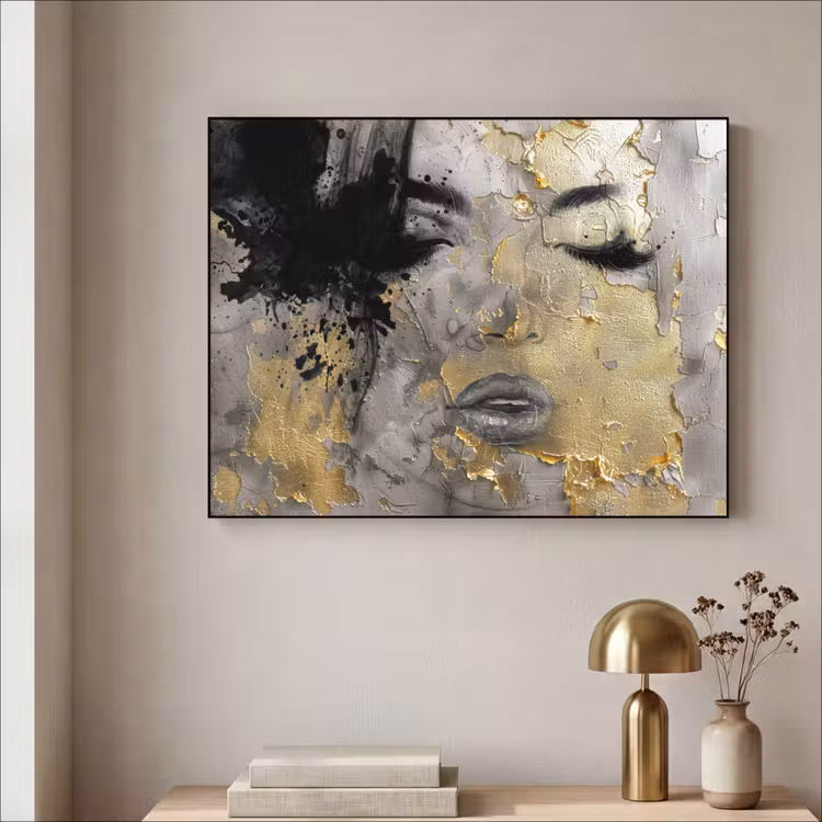 Vrouw - Kunst - Goud - Zwart Textielframe zwart klein -sfeer2