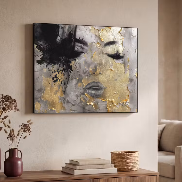 Vrouw - Kunst - Goud - Zwart Textielframe zwart klein -sfeer3