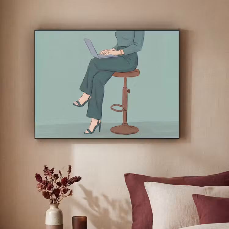 Vrouw - Laptop - Zittend - Illustratie - Groen Textielframe zwart klein -sfeer1