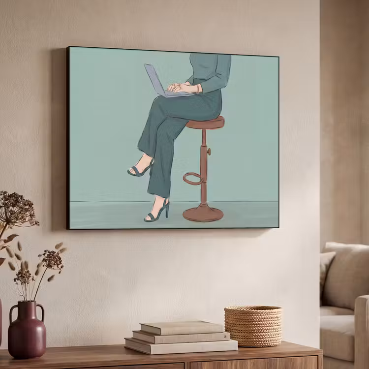 Vrouw - Laptop - Zittend - Illustratie - Groen Textielframe zwart klein -sfeer3