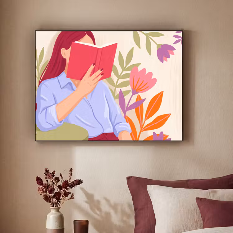 Vrouw - Lezen - Thuis - Modern - Bloemen Textielframe zwart klein -sfeer1