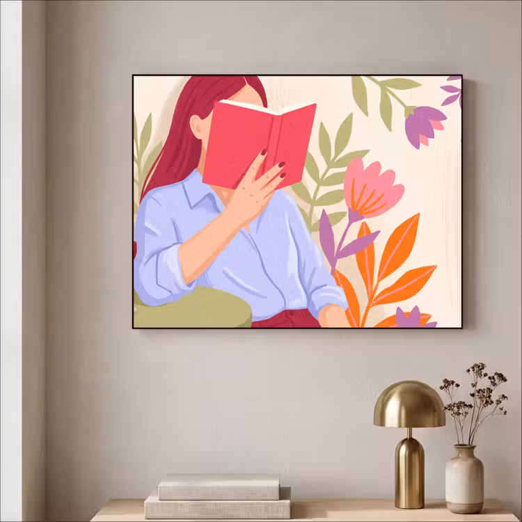 Vrouw - Lezen - Thuis - Modern - Bloemen Textielframe zwart klein -sfeer2
