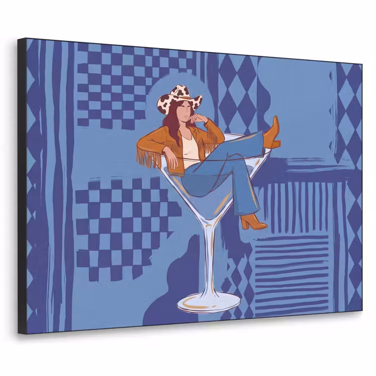 Vrouw - Martini glas - Abstract - Blauw - Kunst Textielframe zwart klein -3d