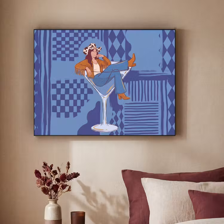 Vrouw - Martini glas - Abstract - Blauw - Kunst Textielframe zwart klein -sfeer1