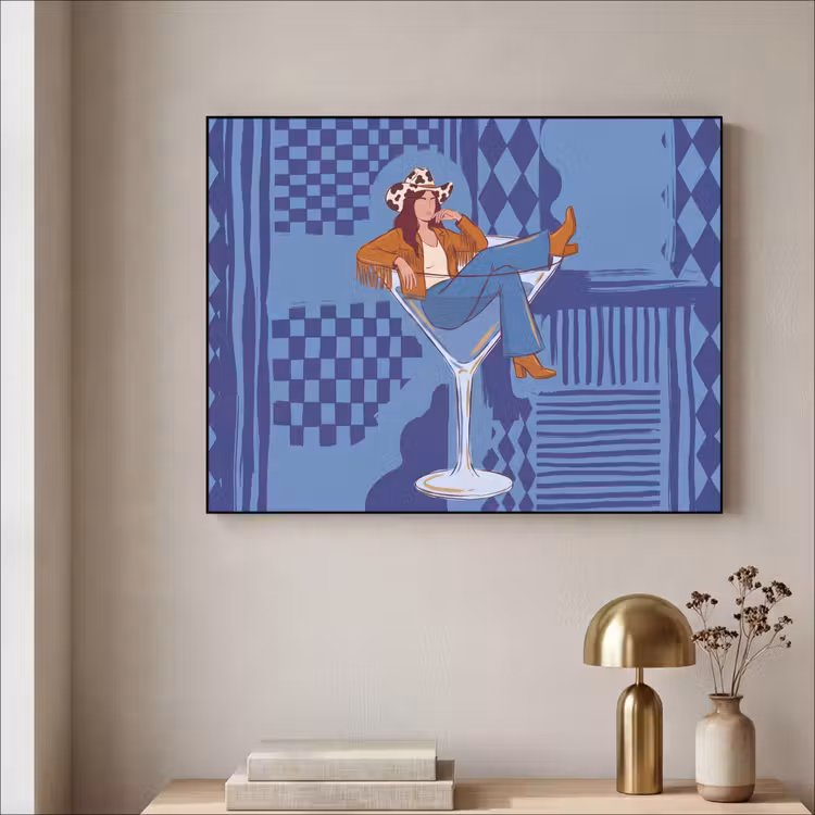 Vrouw - Martini glas - Abstract - Blauw - Kunst Textielframe zwart klein -sfeer2
