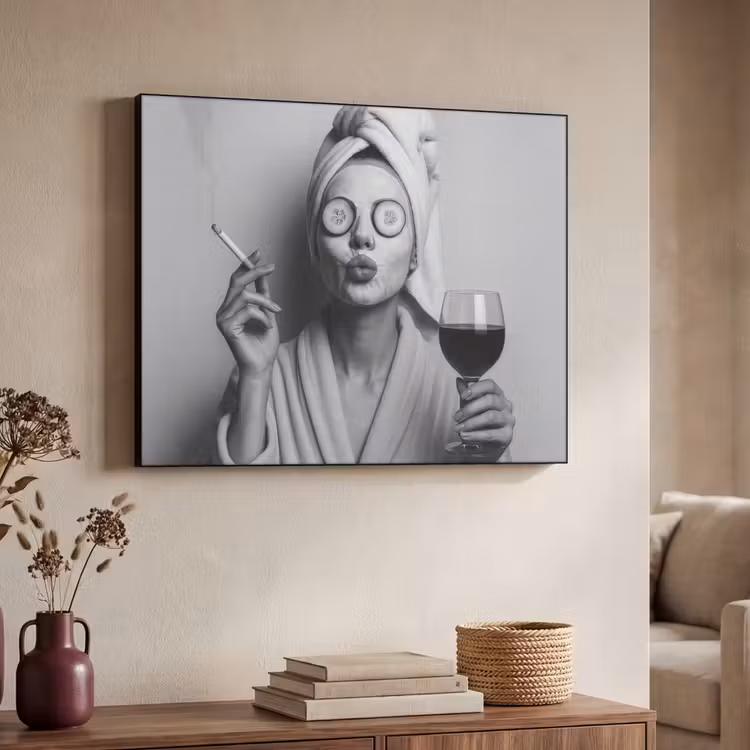 Vrouw - Masker - Wijn - Sigaret Textielframe - compleet frame klein -sfeer3