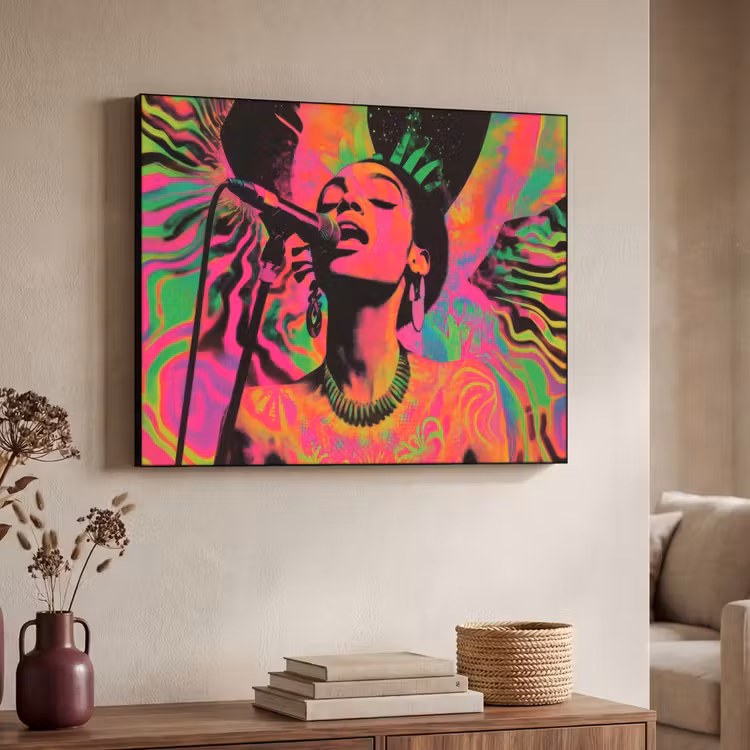 Vrouw - Microfoon - Neon Textielframe zwart klein -sfeer3