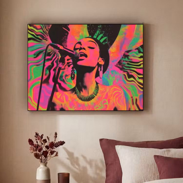 Vrouw - Microfoon - Neon Textielframe zwart klein -sfeer1