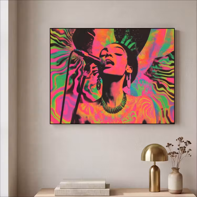 Vrouw - Microfoon - Neon Textielframe zwart klein -sfeer2
