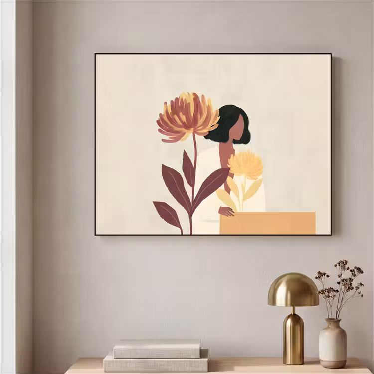 Vrouw - Minimalistisch - Bloem Textielframe - compleet frame klein -sfeer2