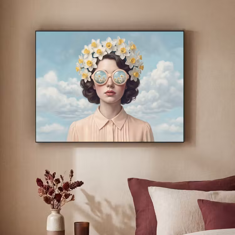 Vrouw - Narcissen - Geel Textielframe zwart klein -sfeer1
