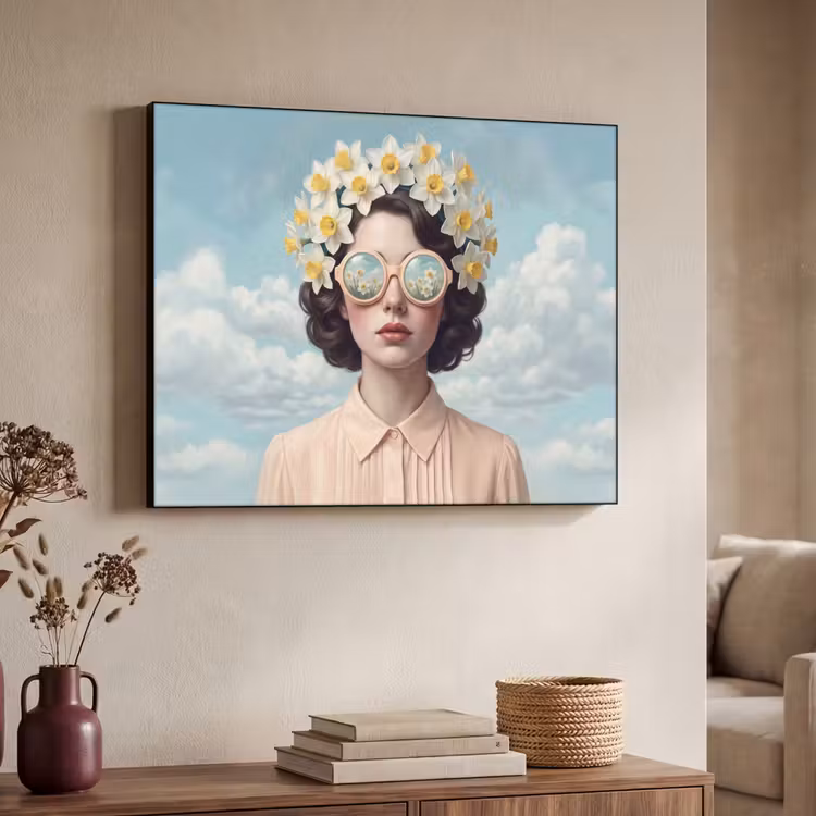 Vrouw - Narcissen - Geel Textielframe zwart klein -sfeer3