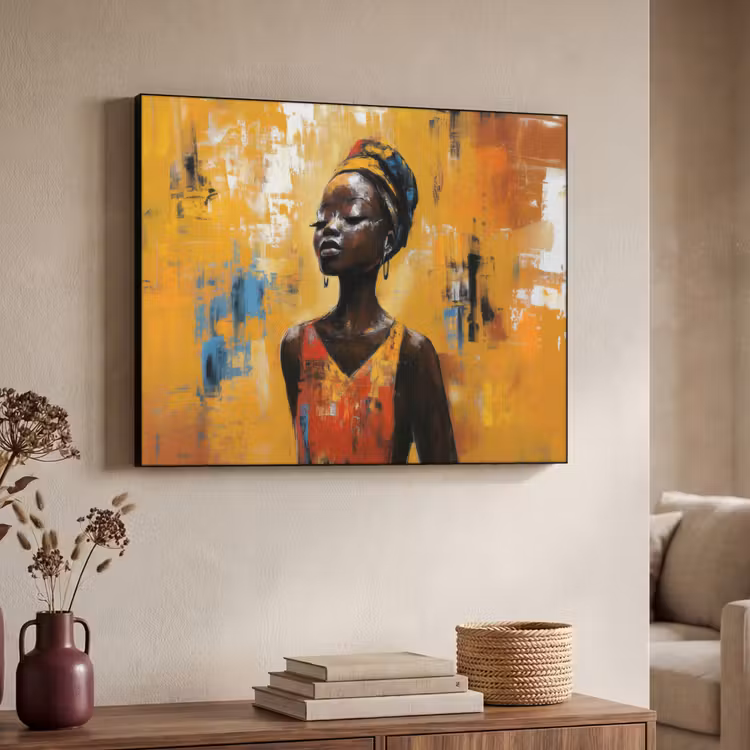 Vrouw - Ogen - Penseelstreken - Geel Textielframe - compleet frame klein -sfeer3
