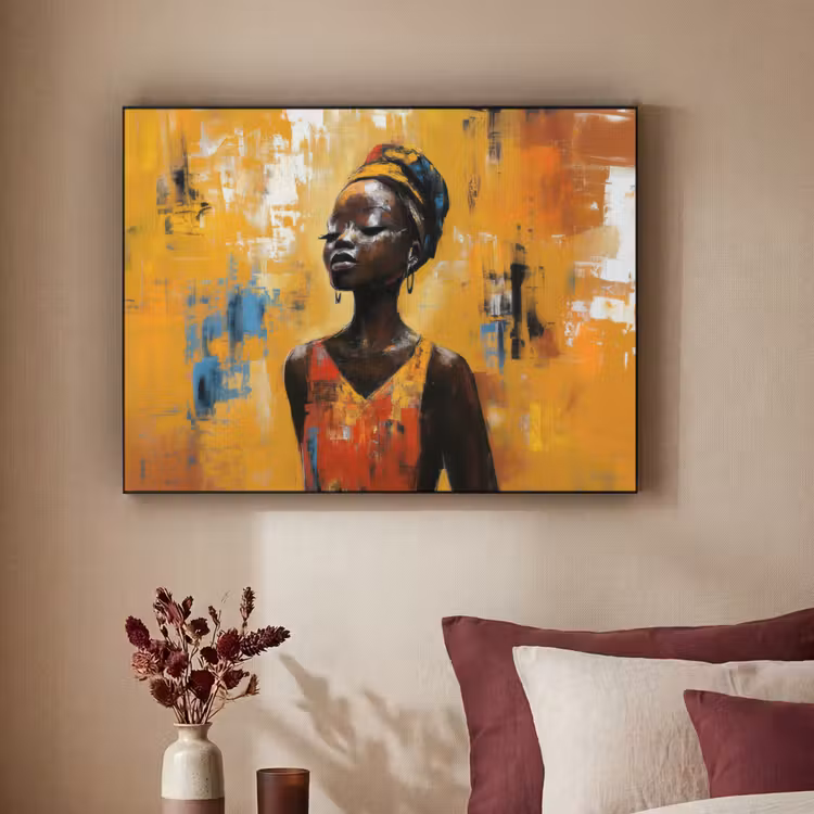 Vrouw - Ogen - Penseelstreken - Geel Textielframe - compleet frame klein -sfeer1