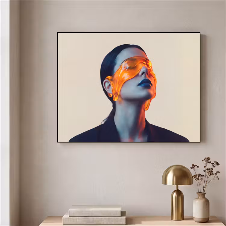 Vrouw - Oranje - Abstract - Modern - Kleurrijk Textielframe zwart klein -sfeer2