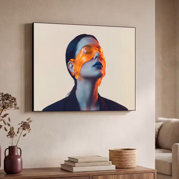 Vrouw - Oranje - Abstract - Modern - Kleurrijk Textielframe zwart klein -sfeer3