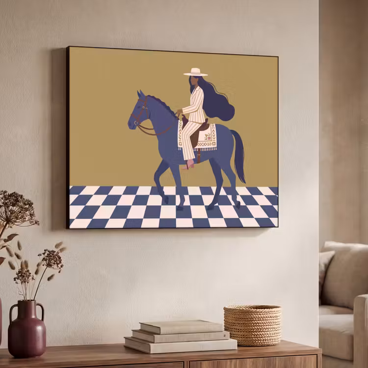 Vrouw - Paard - Rijden - Modern - Abstract Textielframe zwart klein -sfeer3