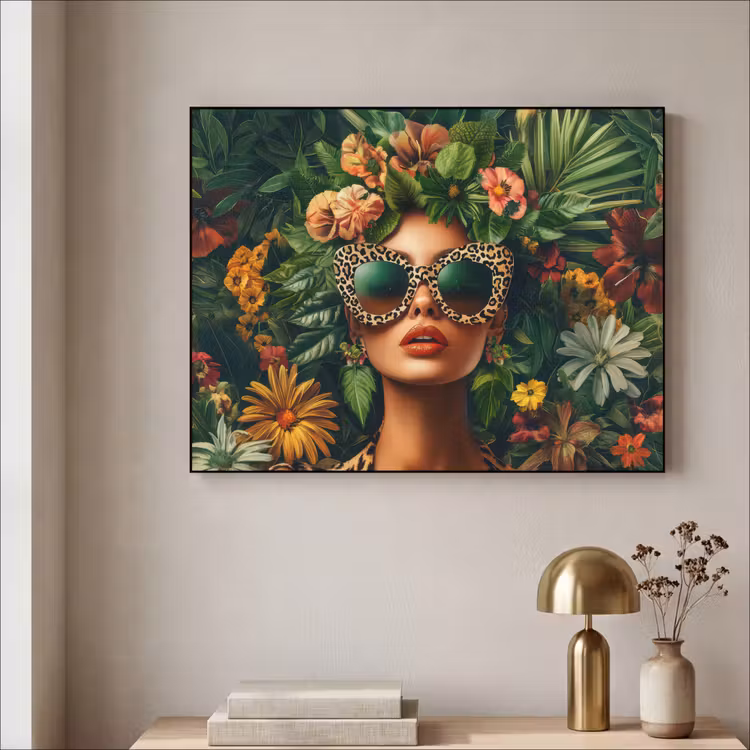 Vrouw - Panterprint - Jungle - Natuur - Luxe Textielframe zwart klein -sfeer2