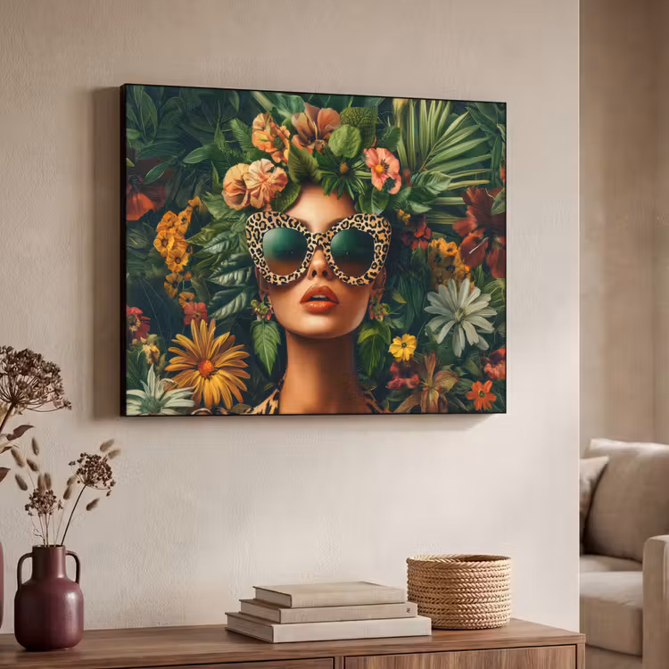 Vrouw - Panterprint - Jungle - Natuur - Luxe Textielframe zwart klein -sfeer3