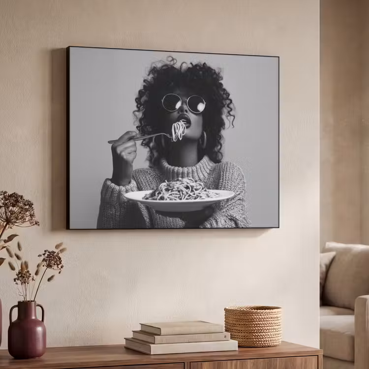 Vrouw - Pasta - Zwart - Wit Textielframe zwart klein -sfeer3