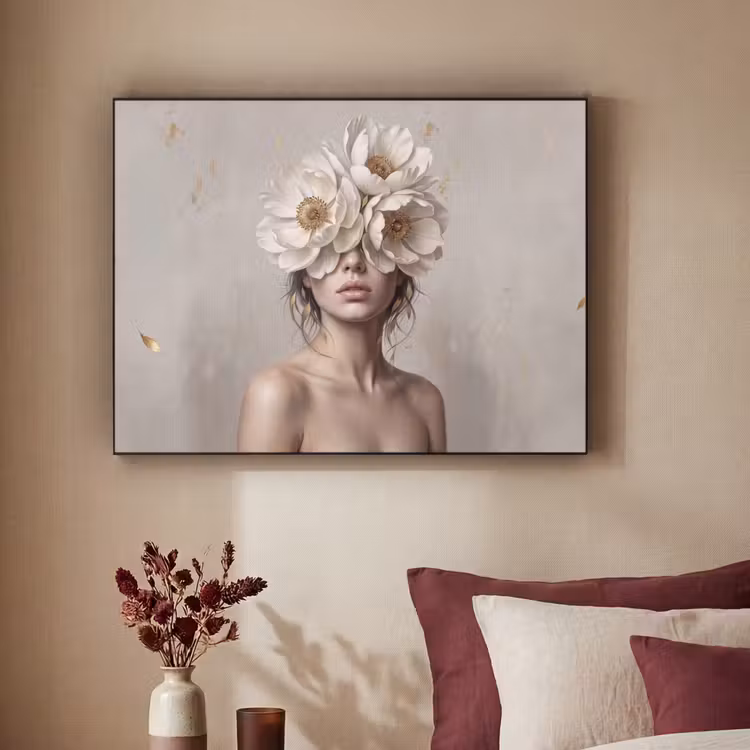 Vrouw - Pioenroos - Wit Textielframe zwart klein -sfeer1