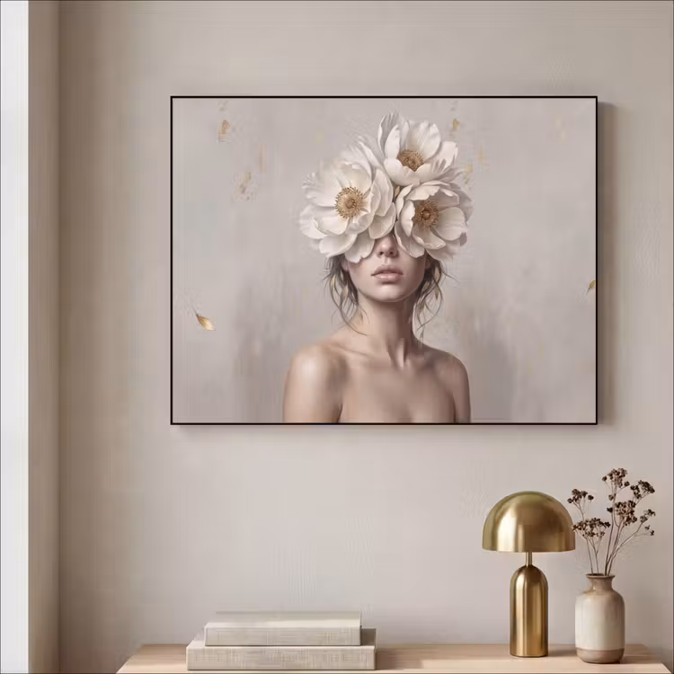 Vrouw - Pioenroos - Wit Textielframe zwart klein -sfeer2